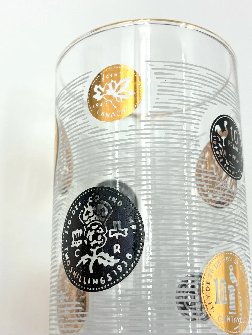VTG Libbey Tom Collins Glasses Set of 6 International Coins Black Gold MCM 7